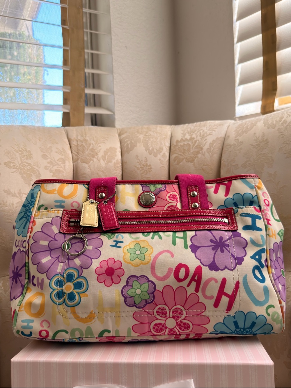 Coach Multicolor Floral Logo Satchel with Pink Trim, vintage coach